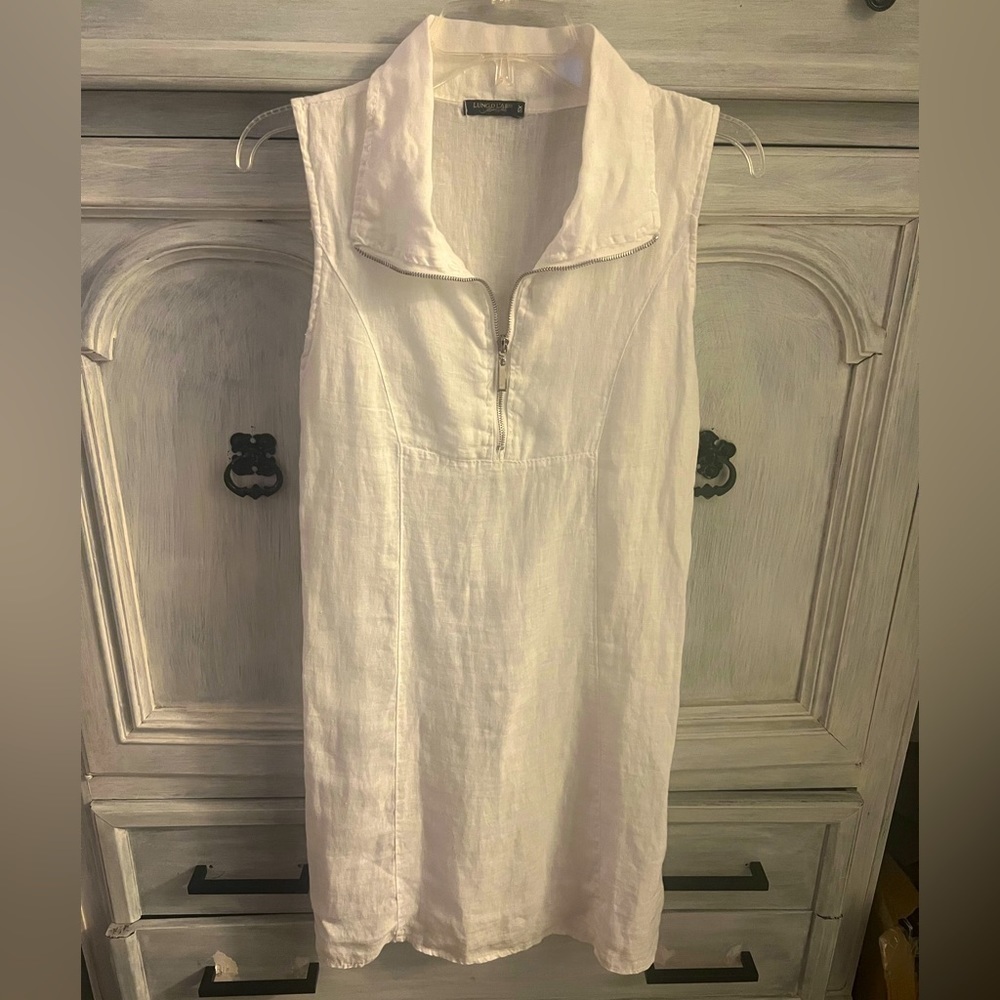 Lungo O’Larno Made In Italy White Linen‎ Collared Zip Up Sleeveless Sundress